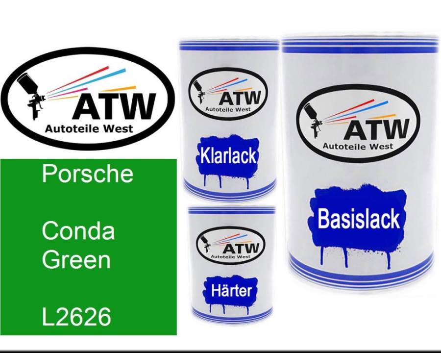 Porsche, Conda Green, L2626: 500ml Lackdose + 500ml Klarlack + 250ml Härter - Set, von ATW Autoteile West.